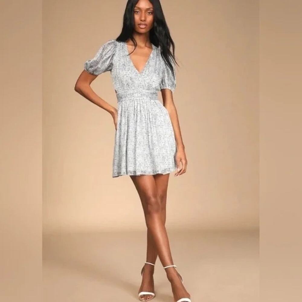 Lulus Budding Love White Floral Print Puff Sleeve Cutout Mini Dress - NWT